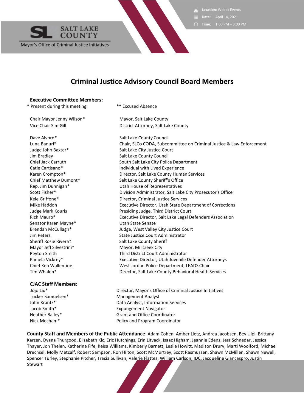 Criminal Justice Advisory Council Board Members