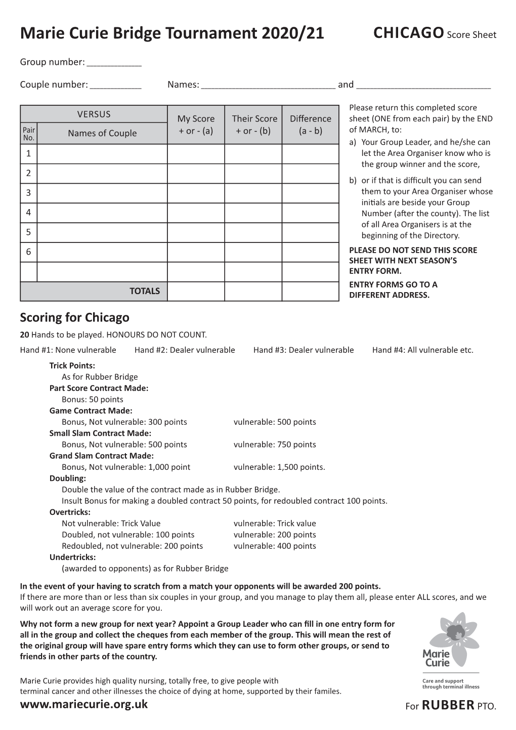 Marie Curie Bridge Tournament 2020/21 CHICAGO Score Sheet