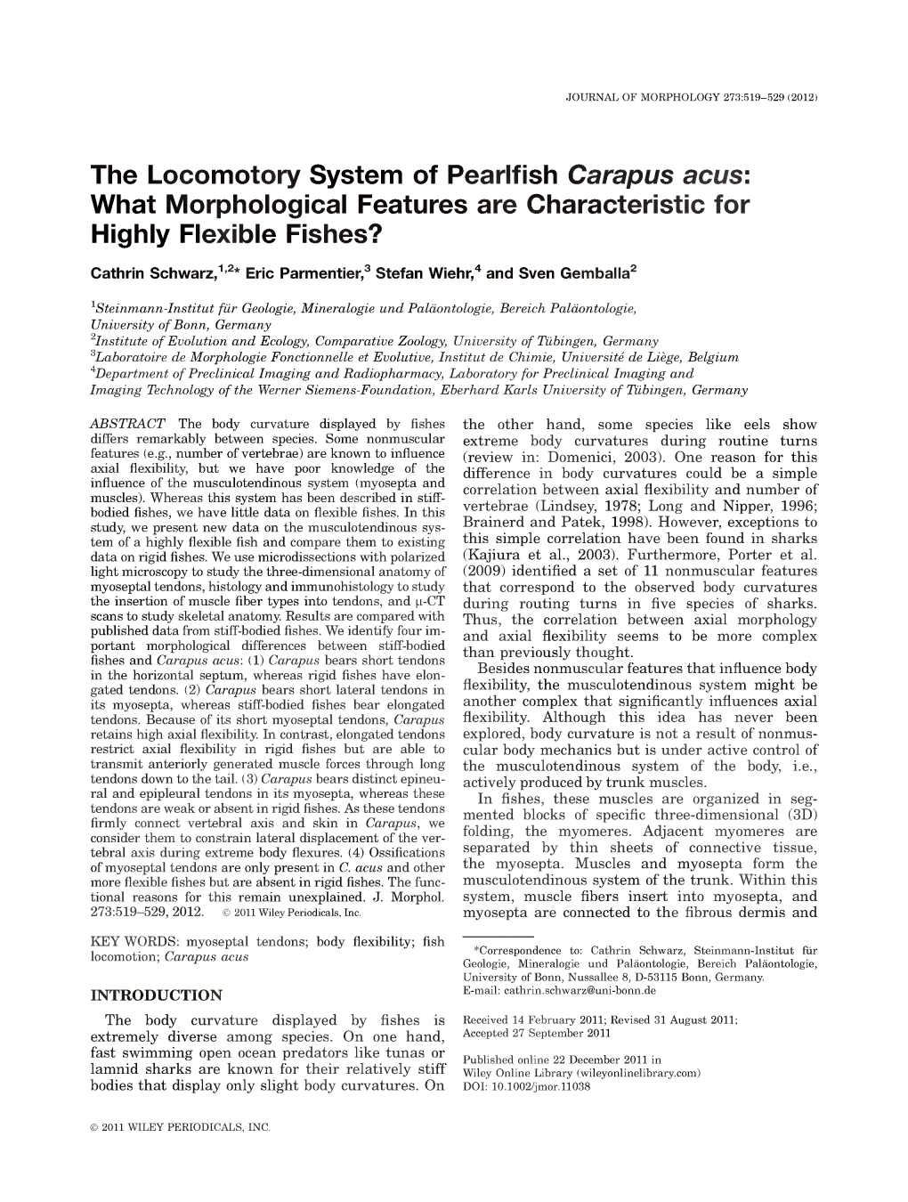 The Locomotory System of Pearlfish Carapus Acus: What Morphological