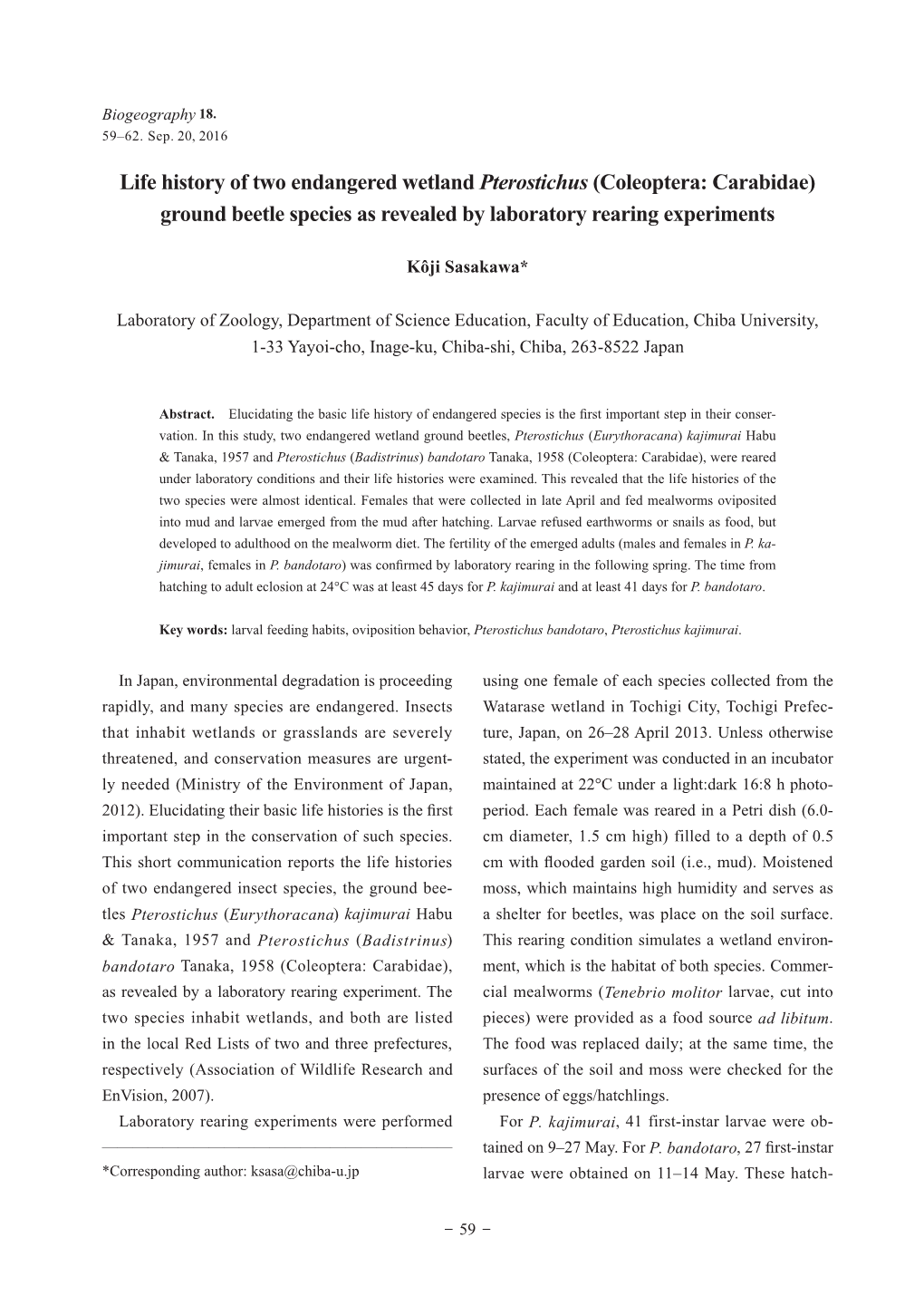 Coleoptera: Carabidae) Ground Beetle Species As Revealed by Laboratory Rearing Experiments