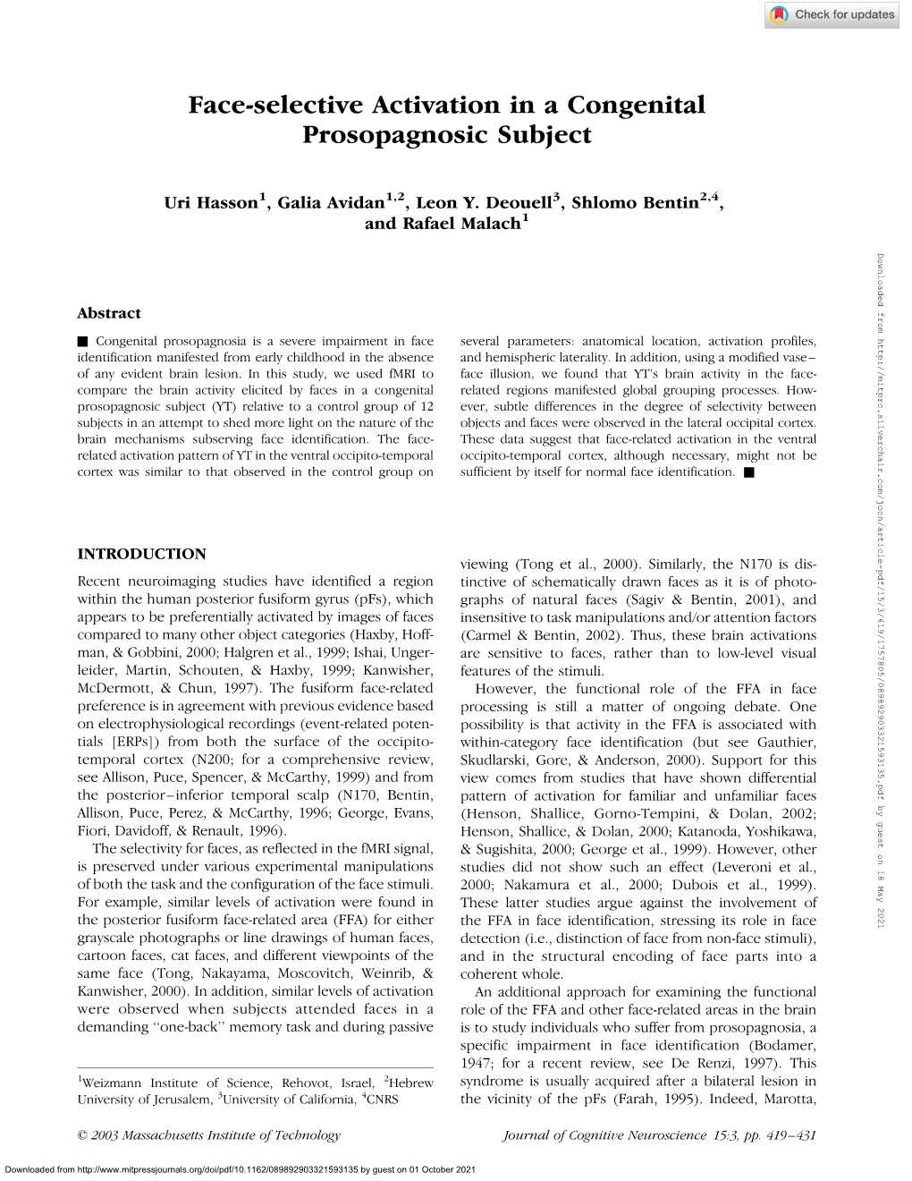 Face-Selective Activation in a Congenital Prosopagnosic Subject