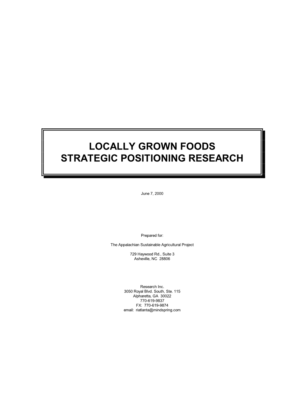 2000 Consumer Survey: Locally Grown Foods Strategic Positioning