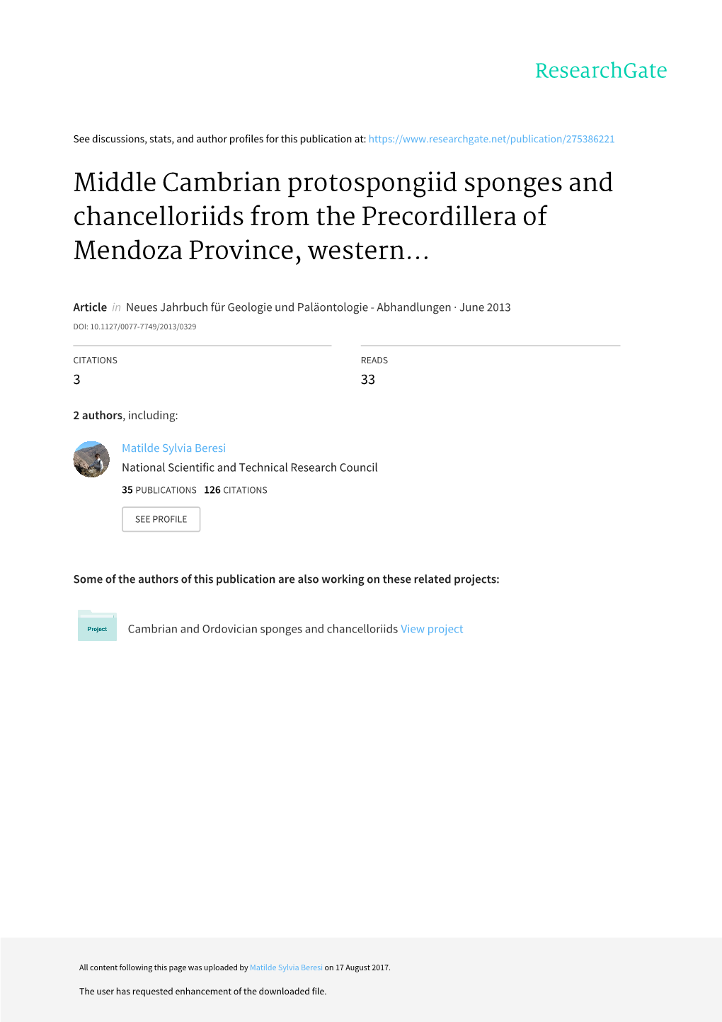 Middle Cambrian Protospongiid Sponges and Chancelloriids from the Precordillera of Mendoza Province, Western