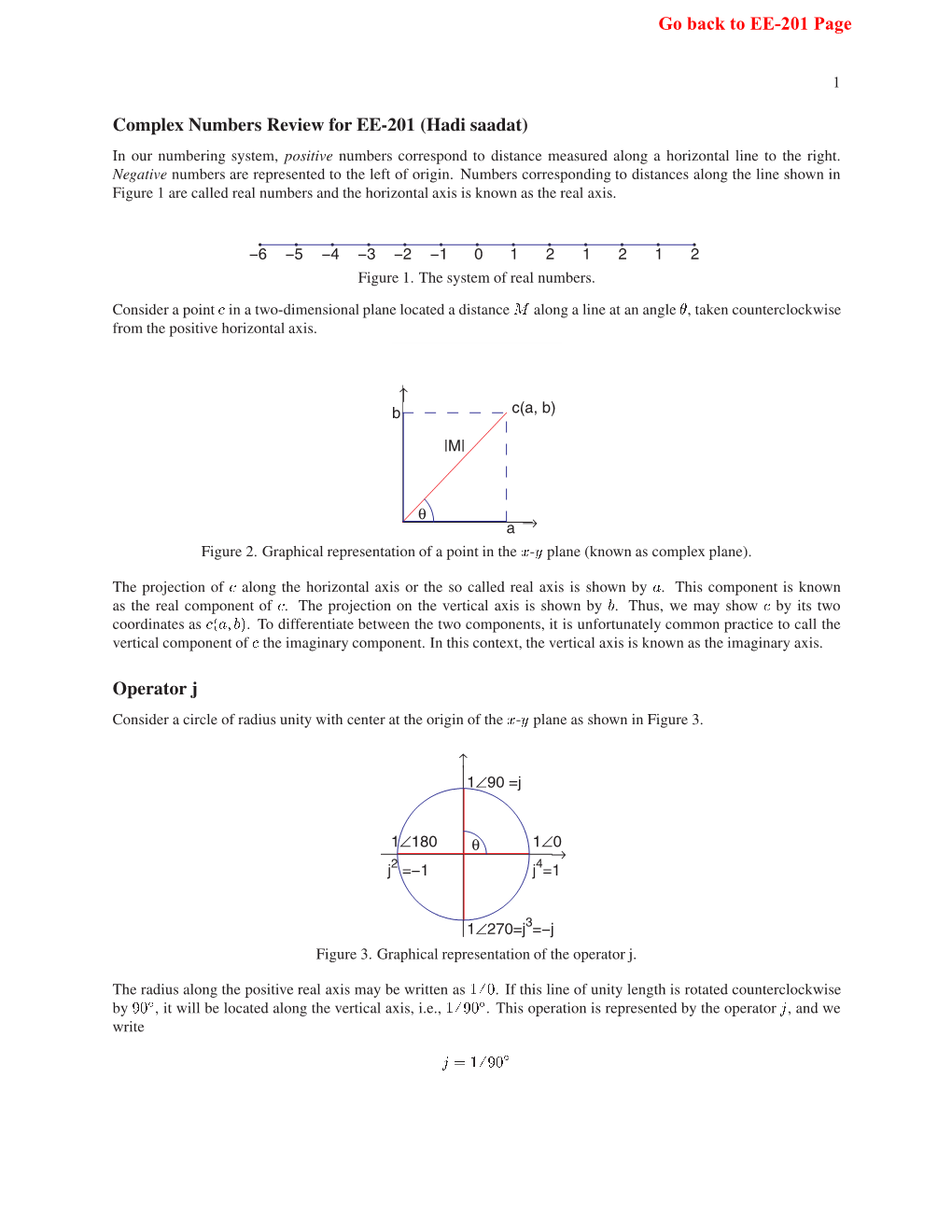 Complex Numbers Review for EE-201 (Hadi Saadat) in Our Numbering System, Positive Numbers Correspond to Distance Measured Along a Horizontal Line to the Right