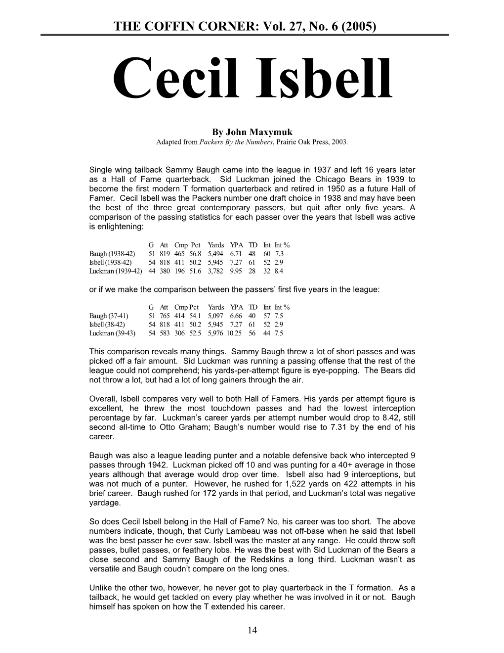 THE COFFIN CORNER: Vol. 27, No. 6 (2005) Cecil Isbell