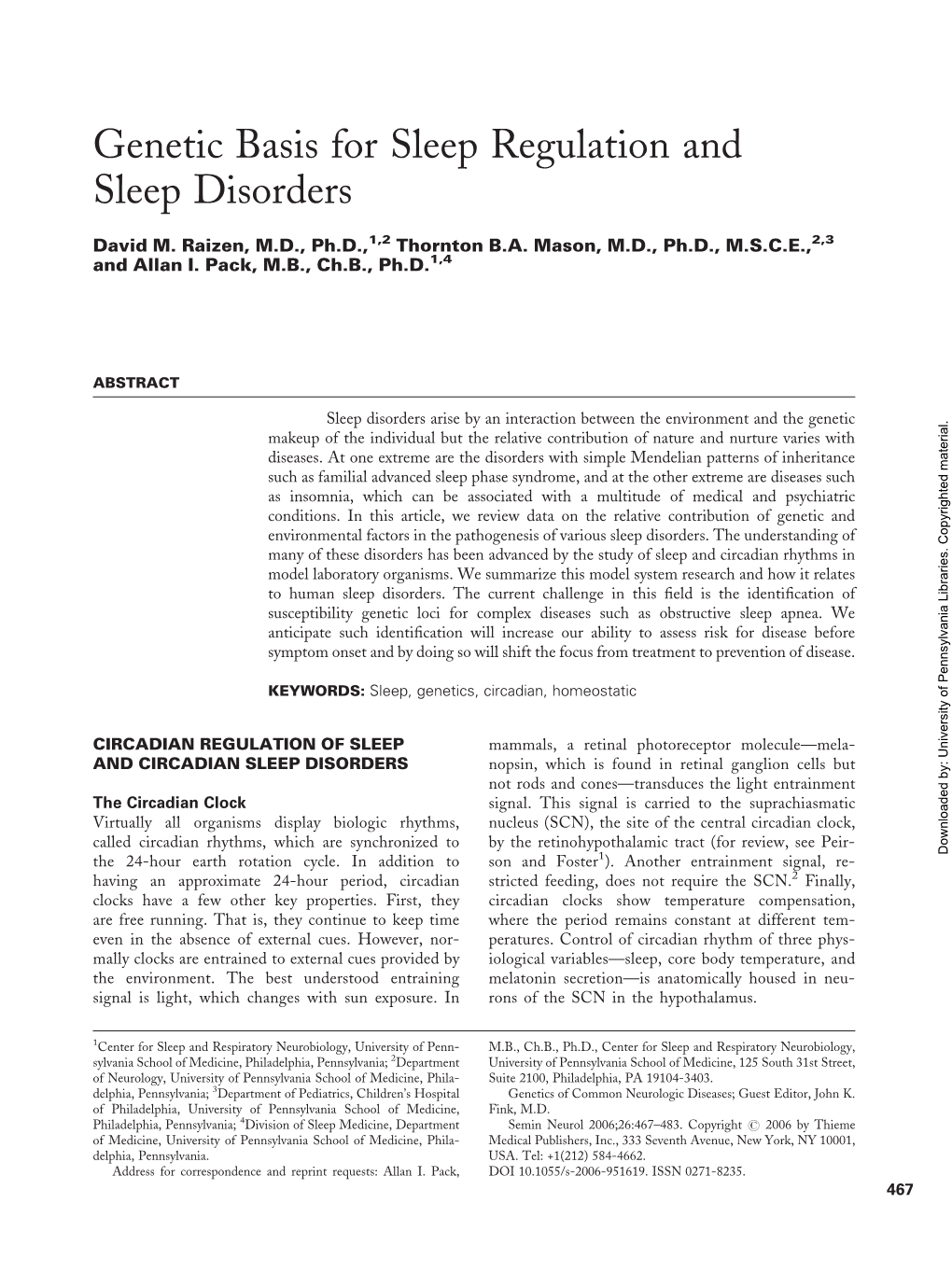 Genetic Basis for Sleep Regulation and Sleep Disorders