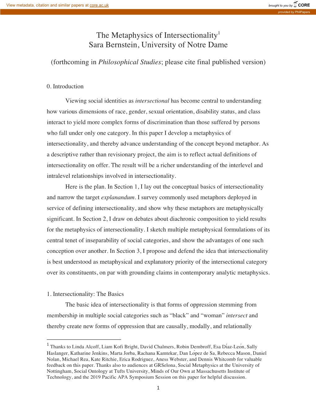 The Metaphysics of Intersectionality1 Sara Bernstein, University of Notre Dame