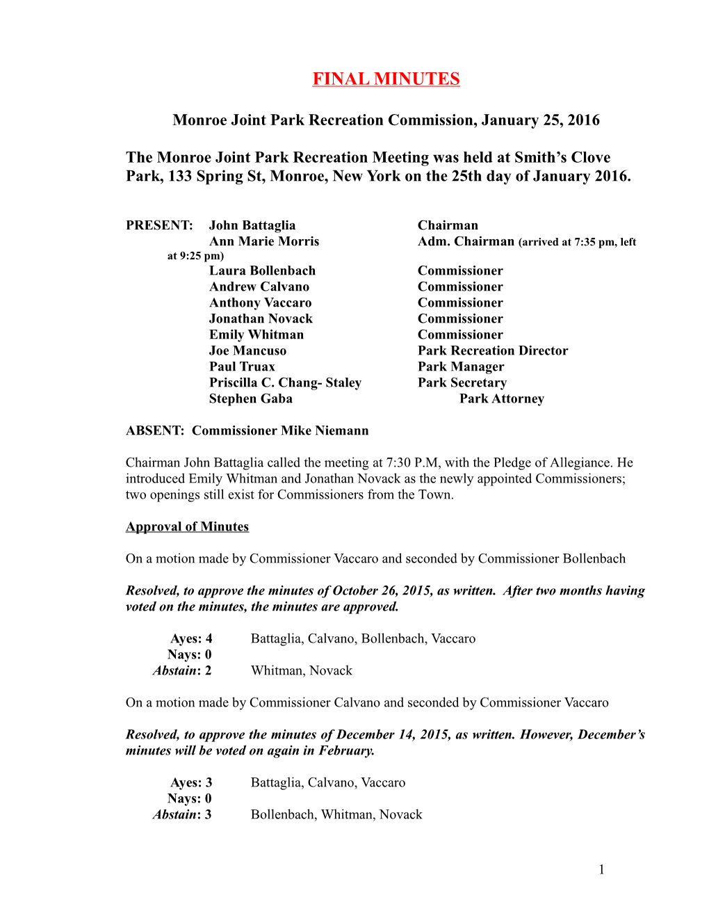 Monroe Joint Park Recreation Commission, January 25, 2016