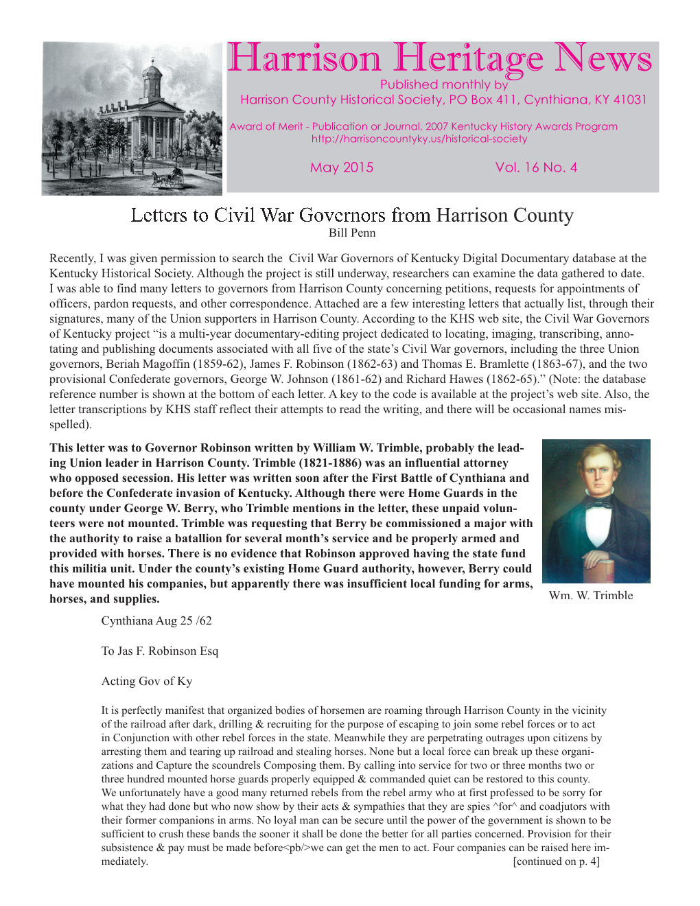 Harrison Heritage News Published Monthly by Harrison County Historical Society, PO Box 411, Cynthiana, KY 41031