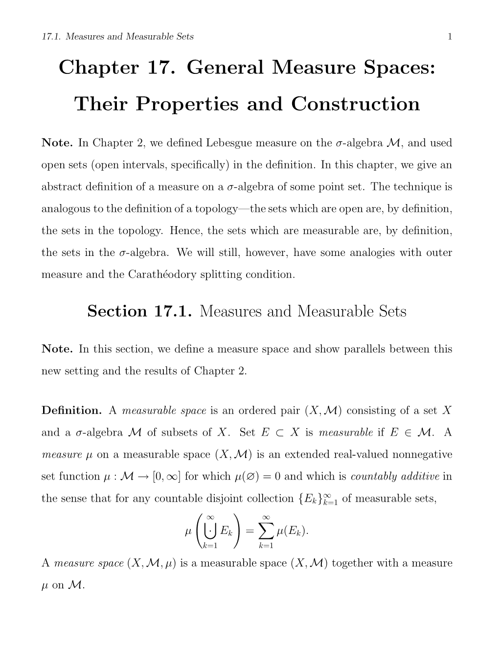 Chapter 17. General Measure Spaces: Their Properties and Construction