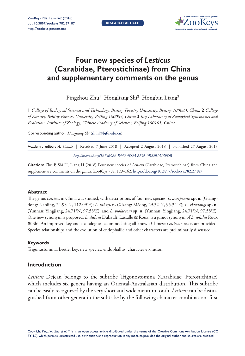 Four New Species of Lesticus (Carabidae, Pterostichinae) from China and Supplementary Comments on the Genus