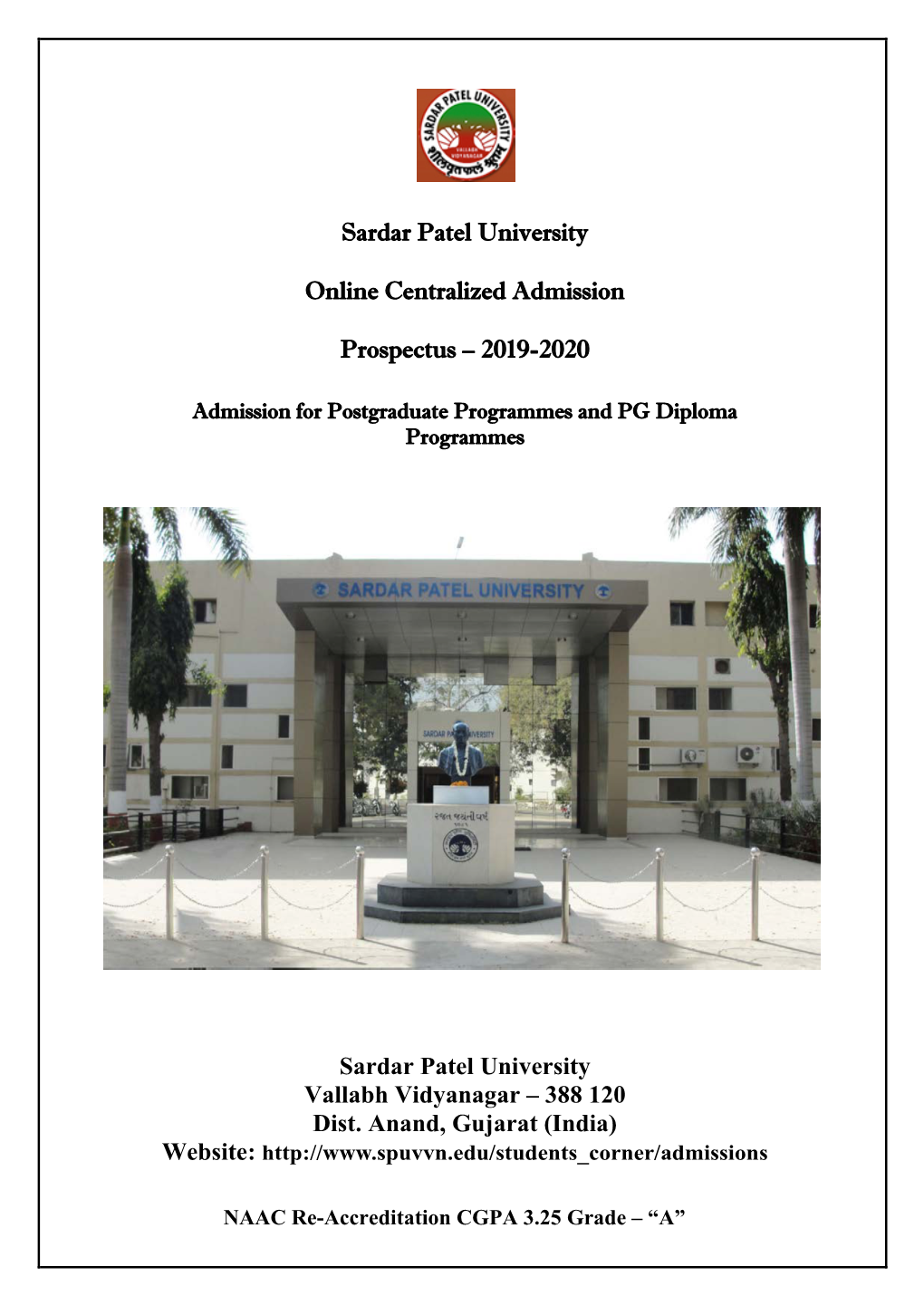 Sardar Patel University Online Centralized Admission Prospectus