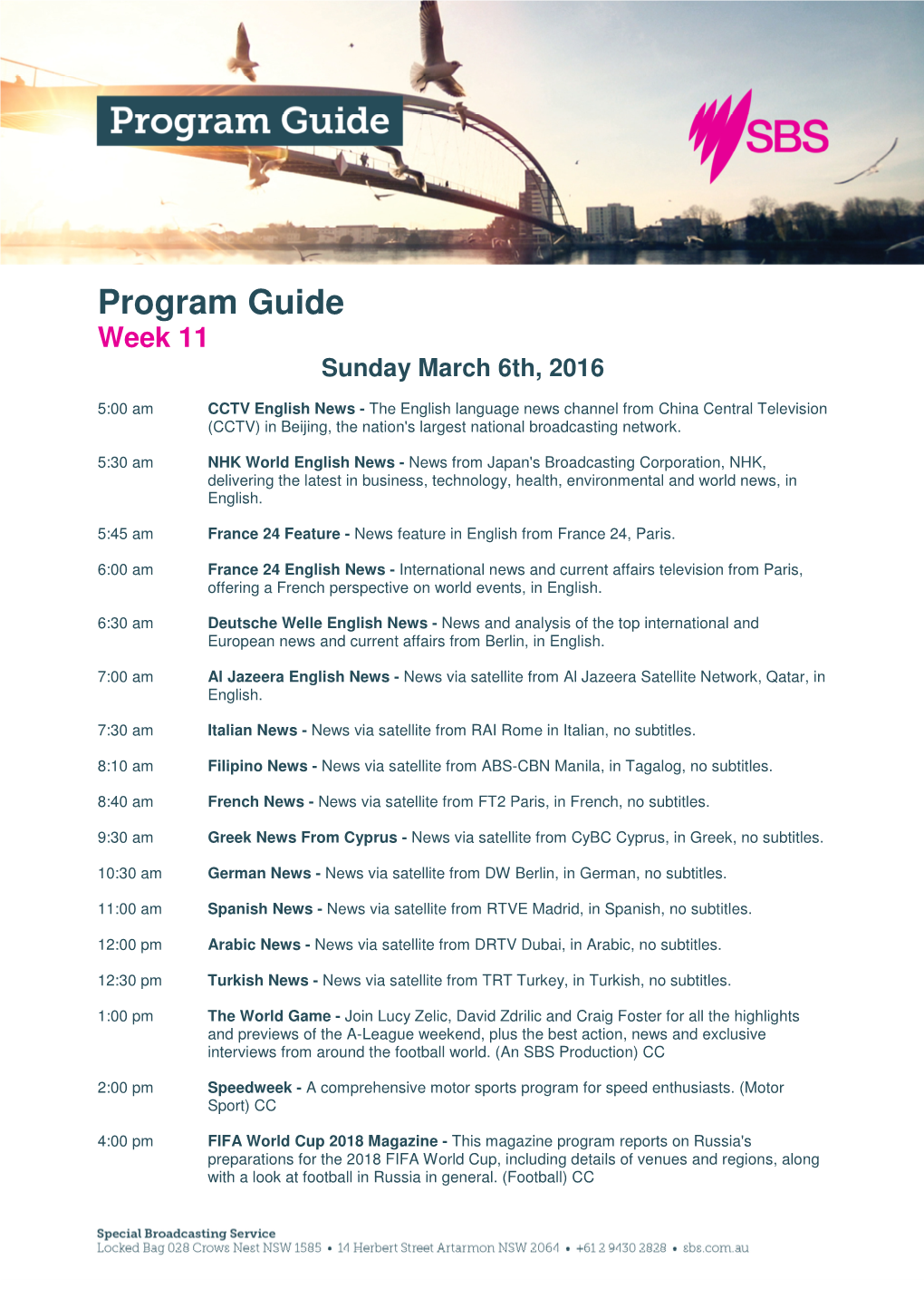 Program Guide Week 11 Sunday March 6Th, 2016