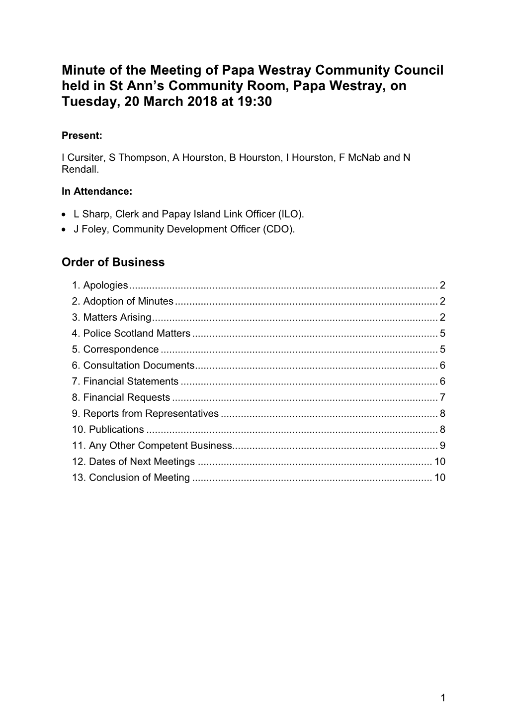 Minute of the Meeting of Papa Westray Community Council Held on 20 March 2018