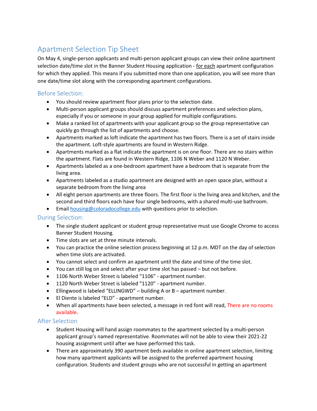 Apartment Selection Tip Sheet