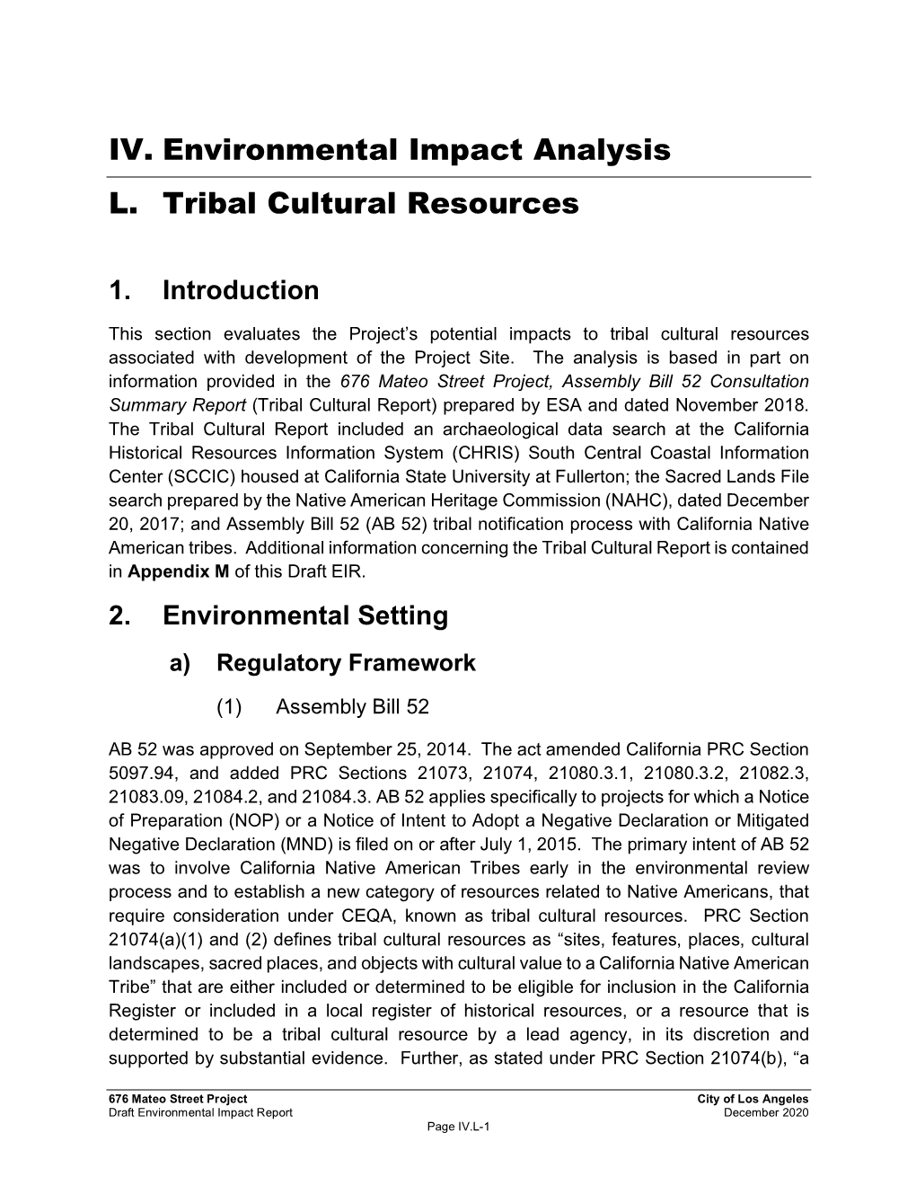 IV. Environmental Impact Analysis L. Tribal Cultural Resources