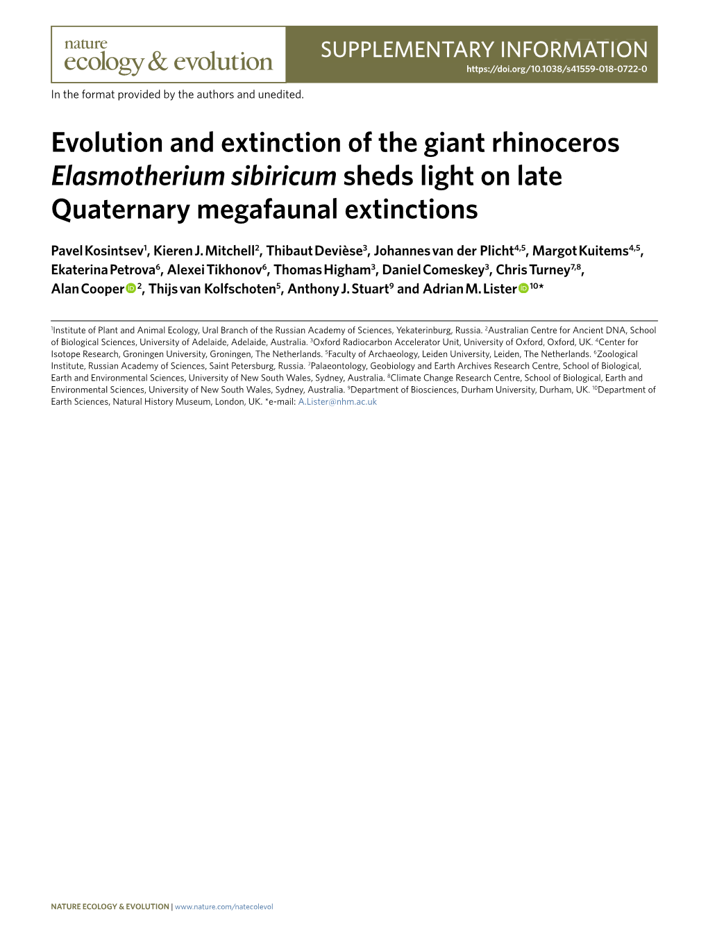 Evolution and Extinction of the Giant Rhinoceros Elasmotherium Sibiricum Sheds Light on Late Quaternary Megafaunal Extinctions