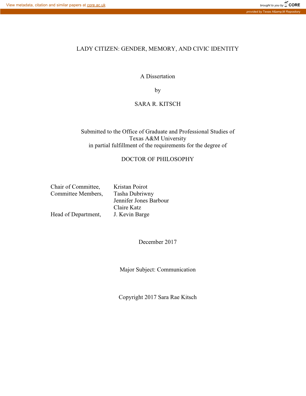 GENDER, MEMORY, and CIVIC IDENTITY a Dissertation By