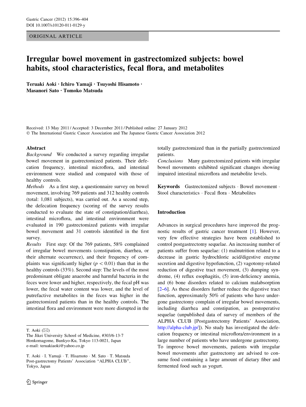 Irregular Bowel Movement in Gastrectomized Subjects: Bowel Habits, Stool Characteristics, Fecal Flora, and Metabolites