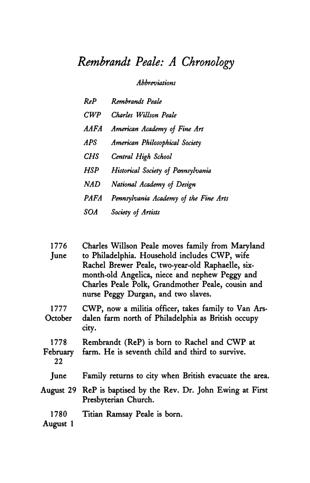 Rembrandt Peale: a Chronology