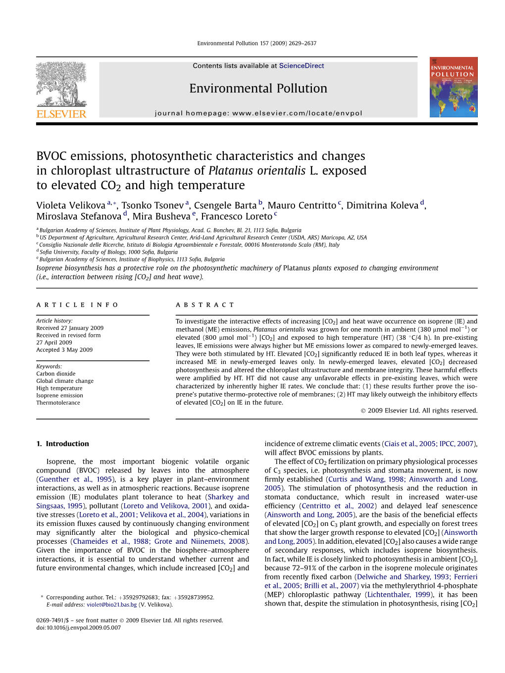 BVOC Emissions, Photosynthetic Characteristics and Changes in Chloroplast Ultrastructure of Platanus Orientalis L