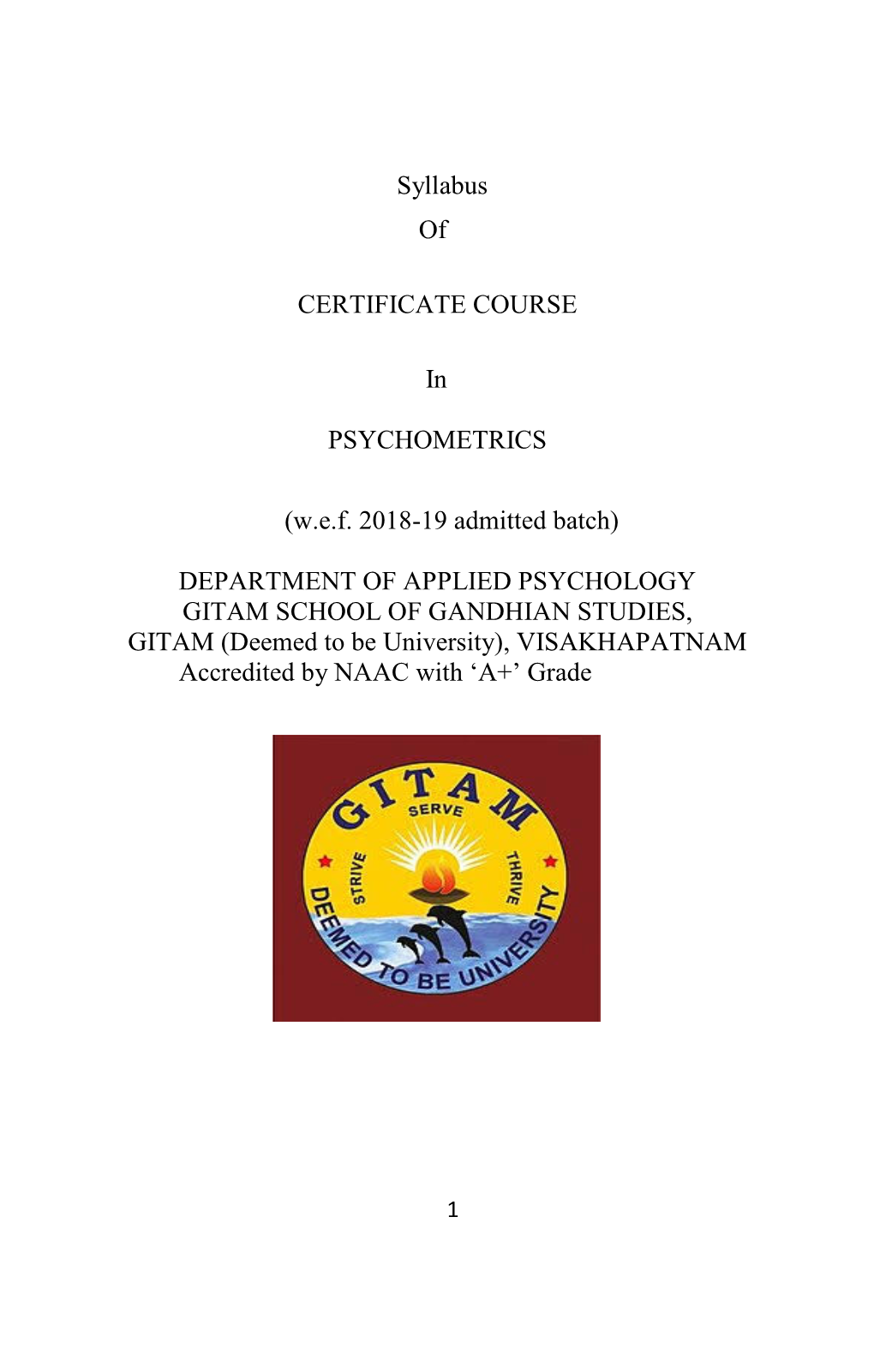 Syllabus of CERTIFICATE COURSE in PSYCHOMETRICS