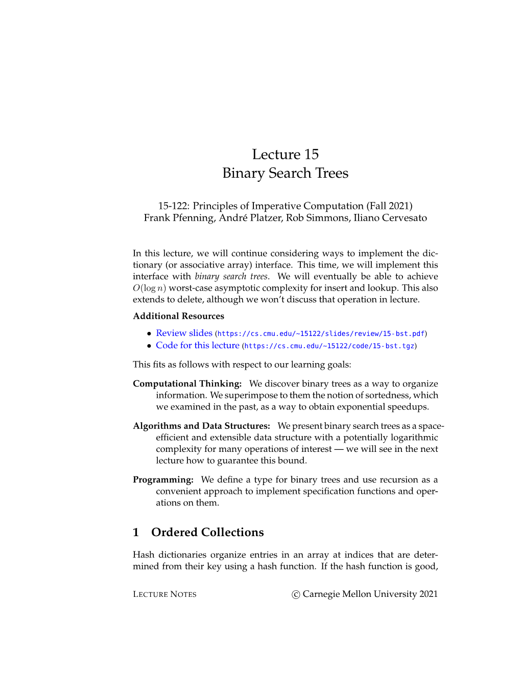 Lecture 15 Binary Search Trees