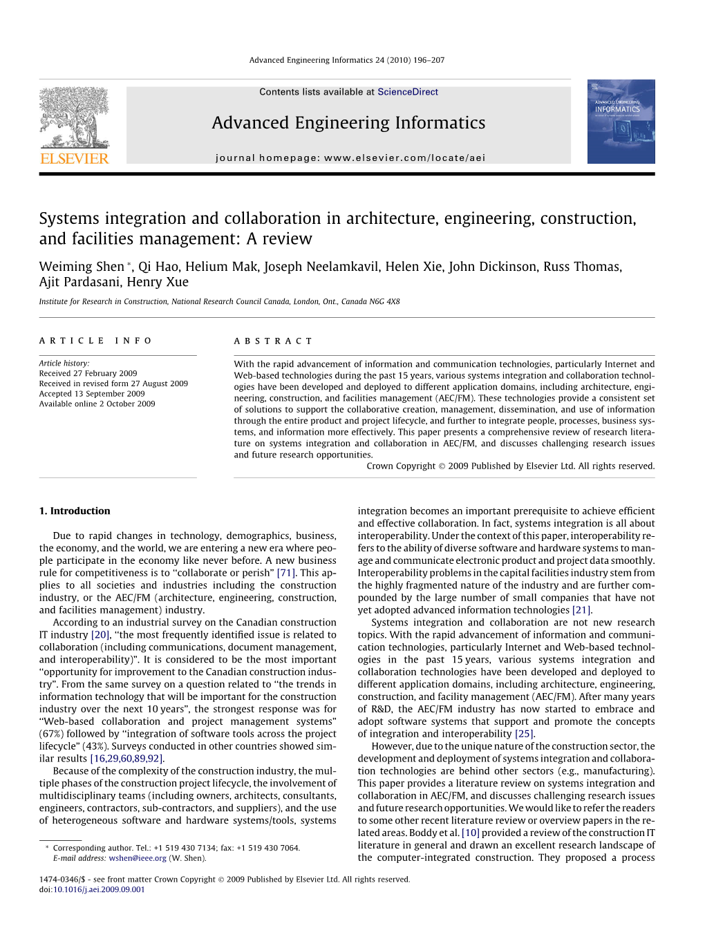 Systems Integration and Collaboration in Architecture, Engineering, Construction, and Facilities Management: a Review