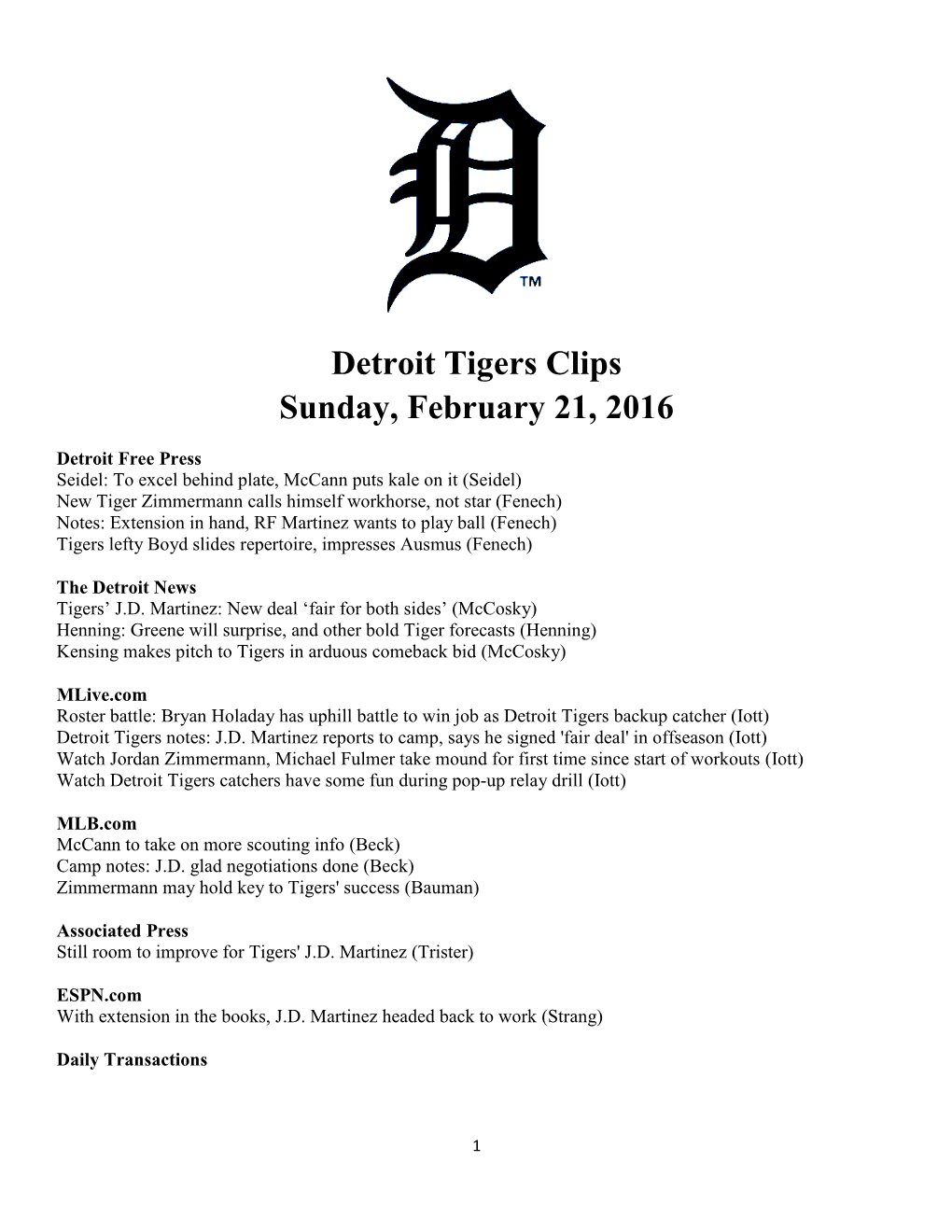 Detroit Tigers Clips Sunday, February 21, 2016