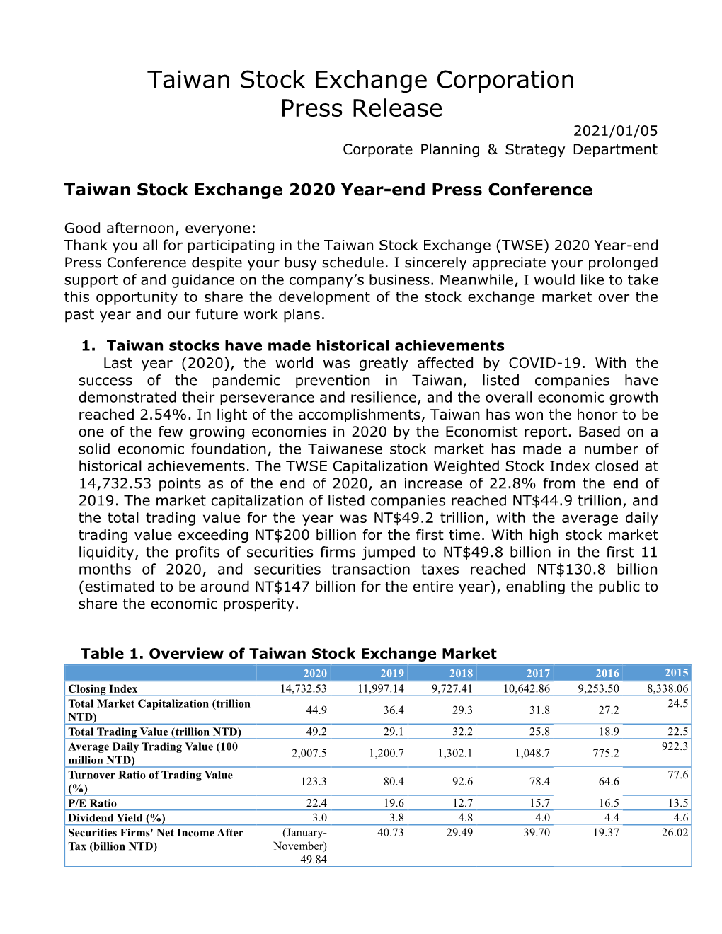 Taiwan Stock Exchange Corporation Press Release 2021/01/05 Corporate Planning & Strategy Department