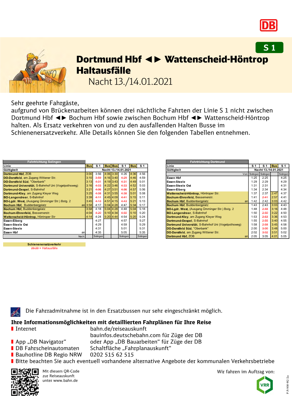 Dortmund Hbf Wattenscheid-Höntrop Haltausfälle Nacht 13./14.01.2021