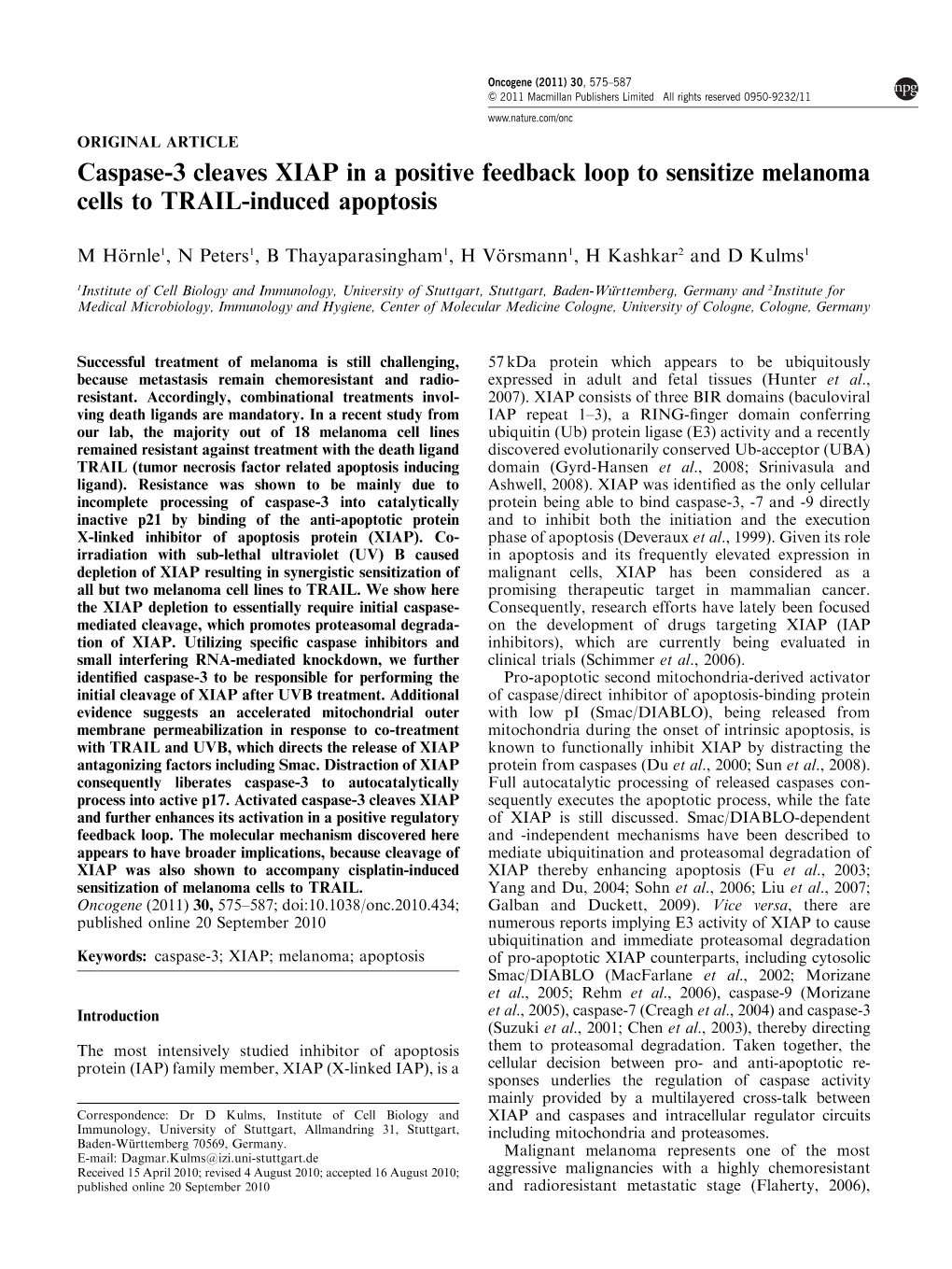 Caspase-3 Cleaves XIAP in a Positive Feedback Loop to Sensitize Melanoma Cells to TRAIL-Induced Apoptosis