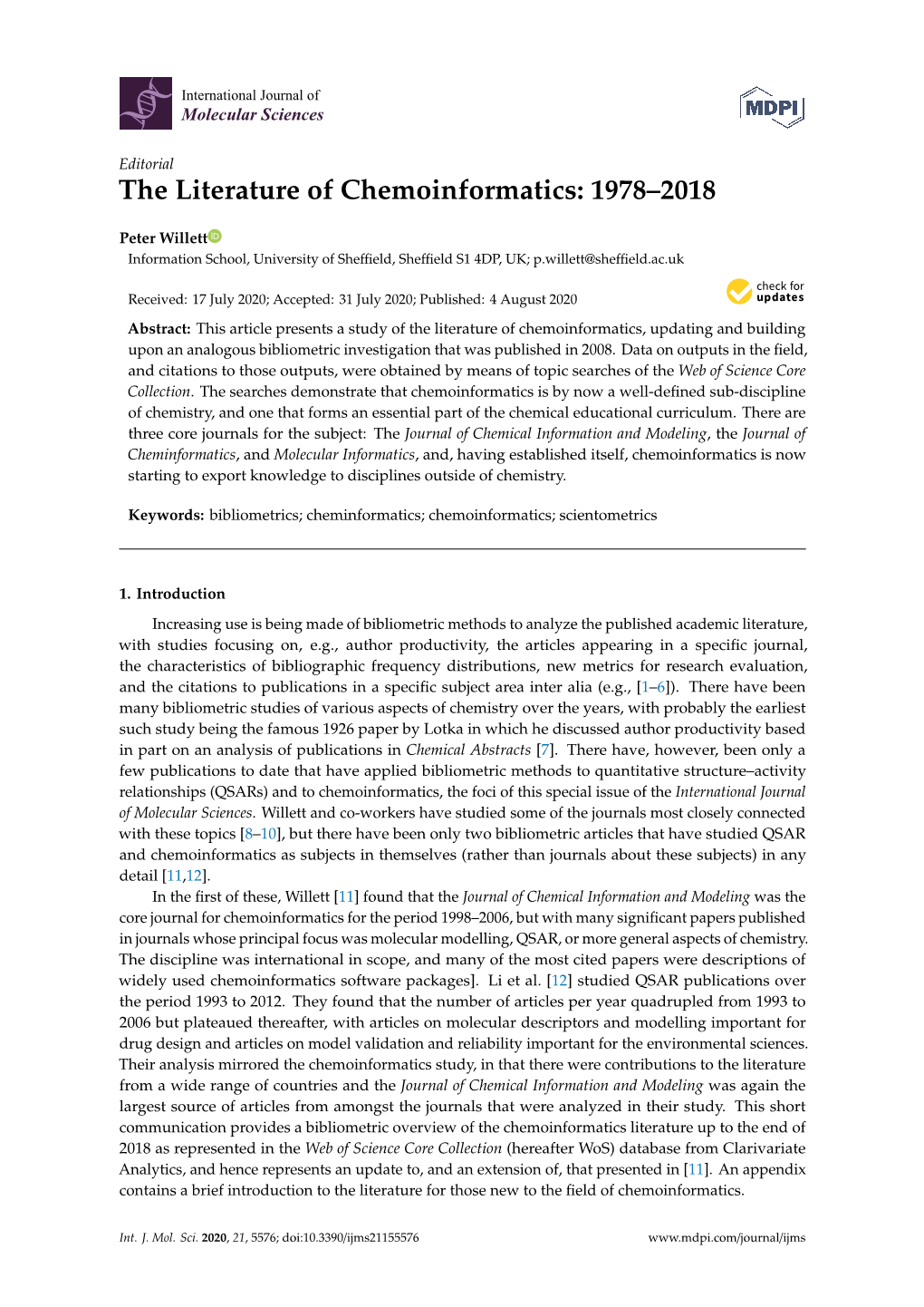 The Literature of Chemoinformatics: 1978–2018