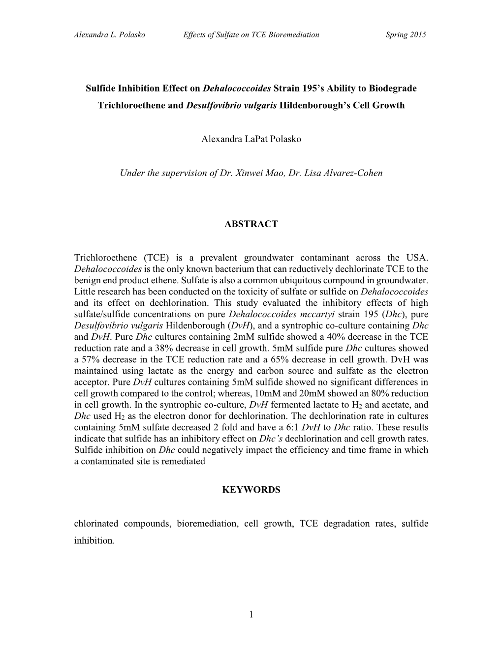 1 Sulfide Inhibition Effect on Dehalococcoides Strain 195'S