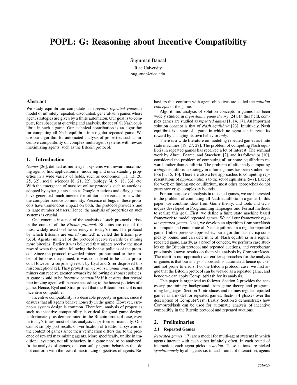 POPL: G: Reasoning About Incentive Compatibility