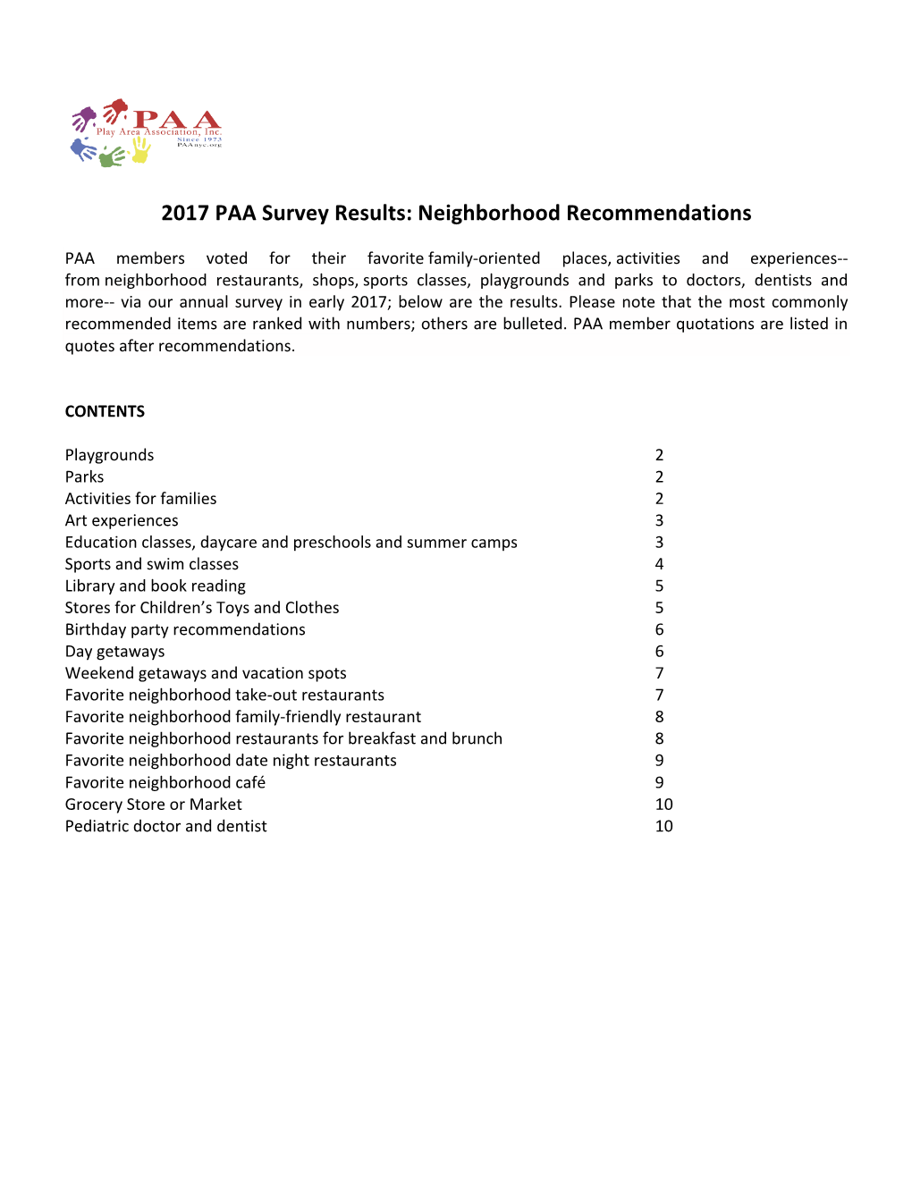 2017 PAA Survey Results: Neighborhood Recommendations