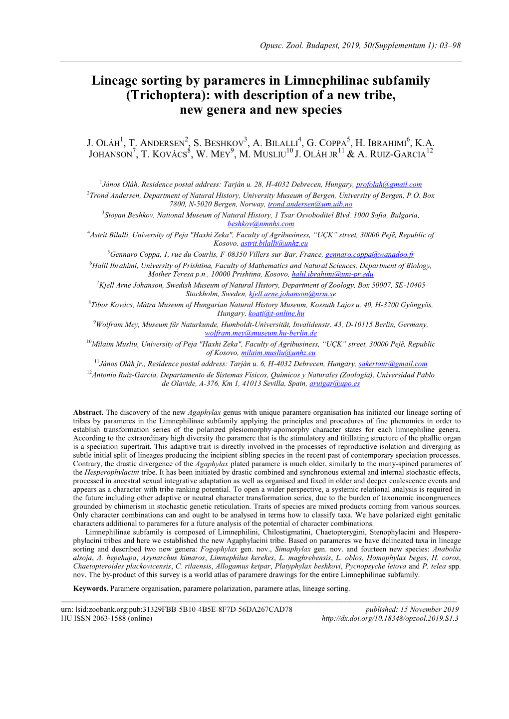 Lineage Sorting by Parameres in Limnephilinae Subfamily (Trichoptera): with Description of a New Tribe, New Genera and New Species