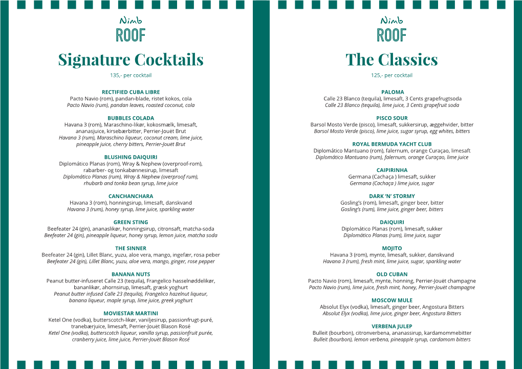 Signature Cocktails the Classics 135,- Per Cocktail 125,- Per Cocktail