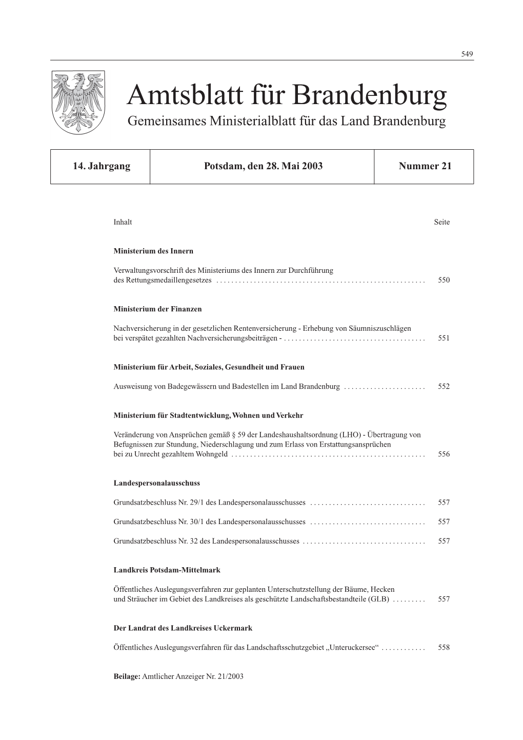 Amtsblatt Für Brandenburg, 2003, Nummer 21