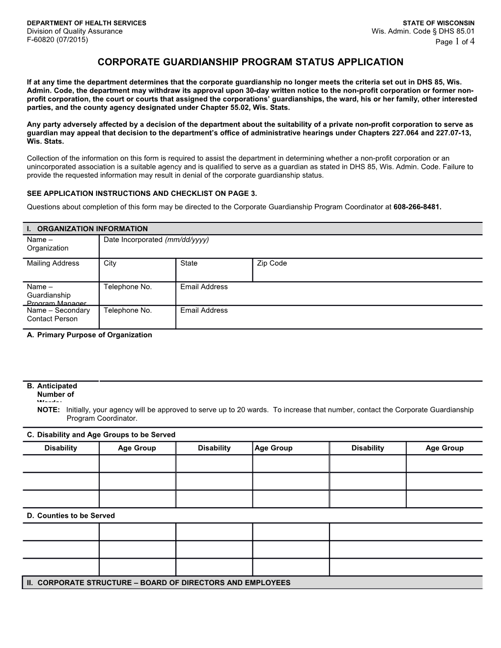 Corporate Guardian Status Application, F-60820