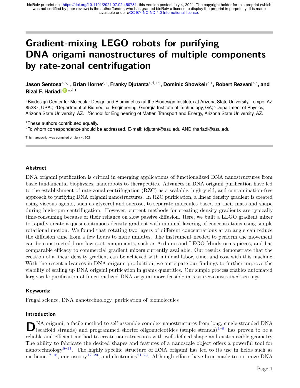 Gradient-Mixing LEGO Robots for Purifying DNA Origami Nanostructures of Multiple Components by Rate-Zonal Centrifugation