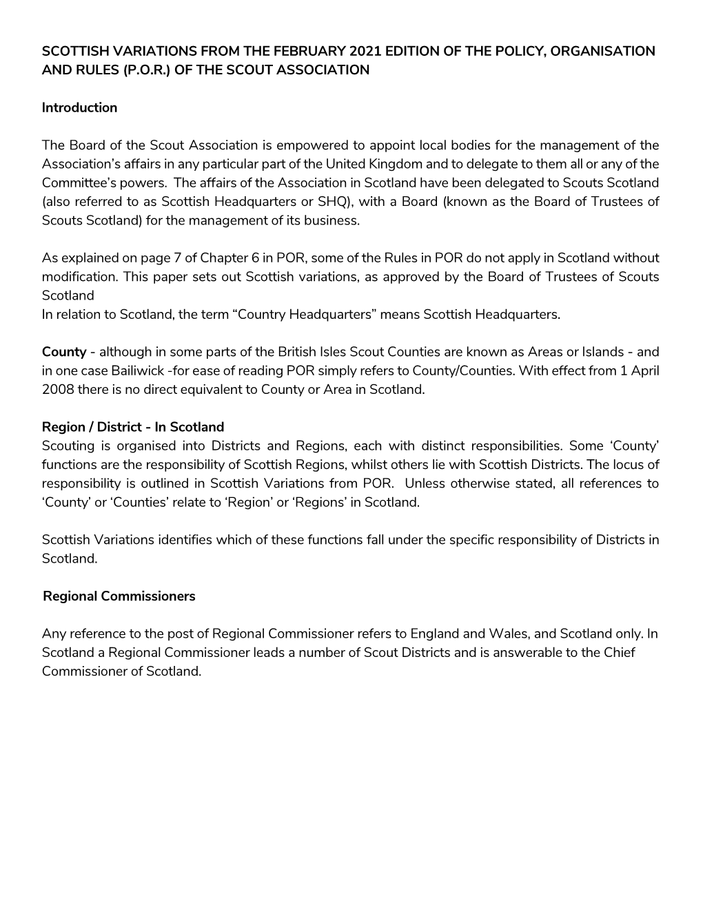 Scottish Variations from the February 2021 Edition of the Policy, Organisation and Rules (P.O.R.) of the Scout Association