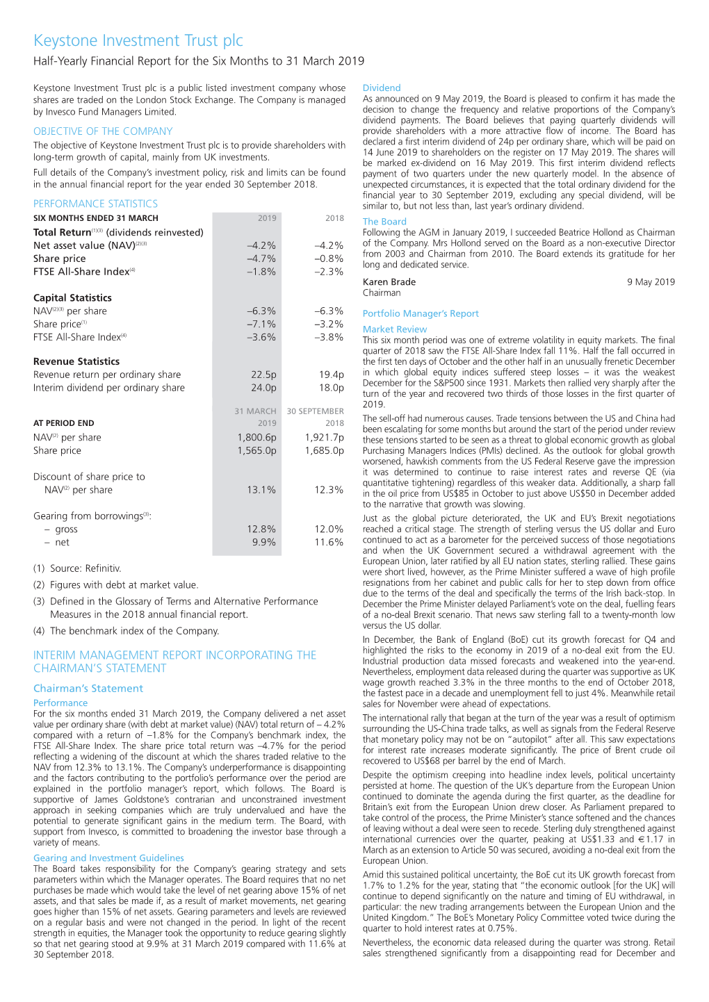 Keystone Investment Trust Half Year Report