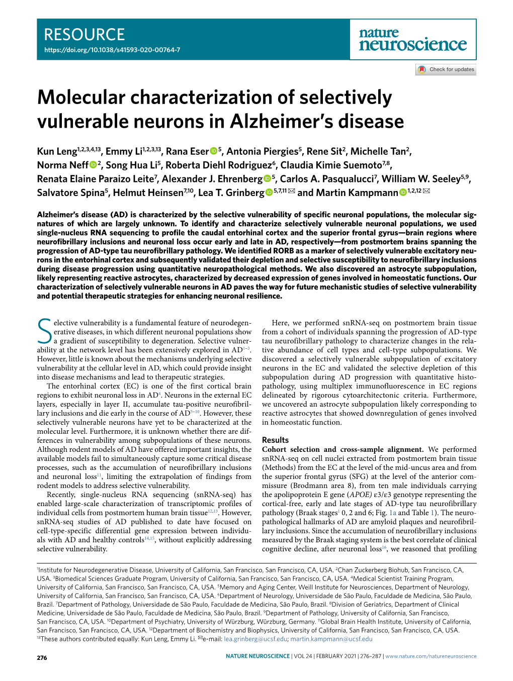 Molecular Characterization of Selectively Vulnerable Neurons in Alzheimer’S Disease