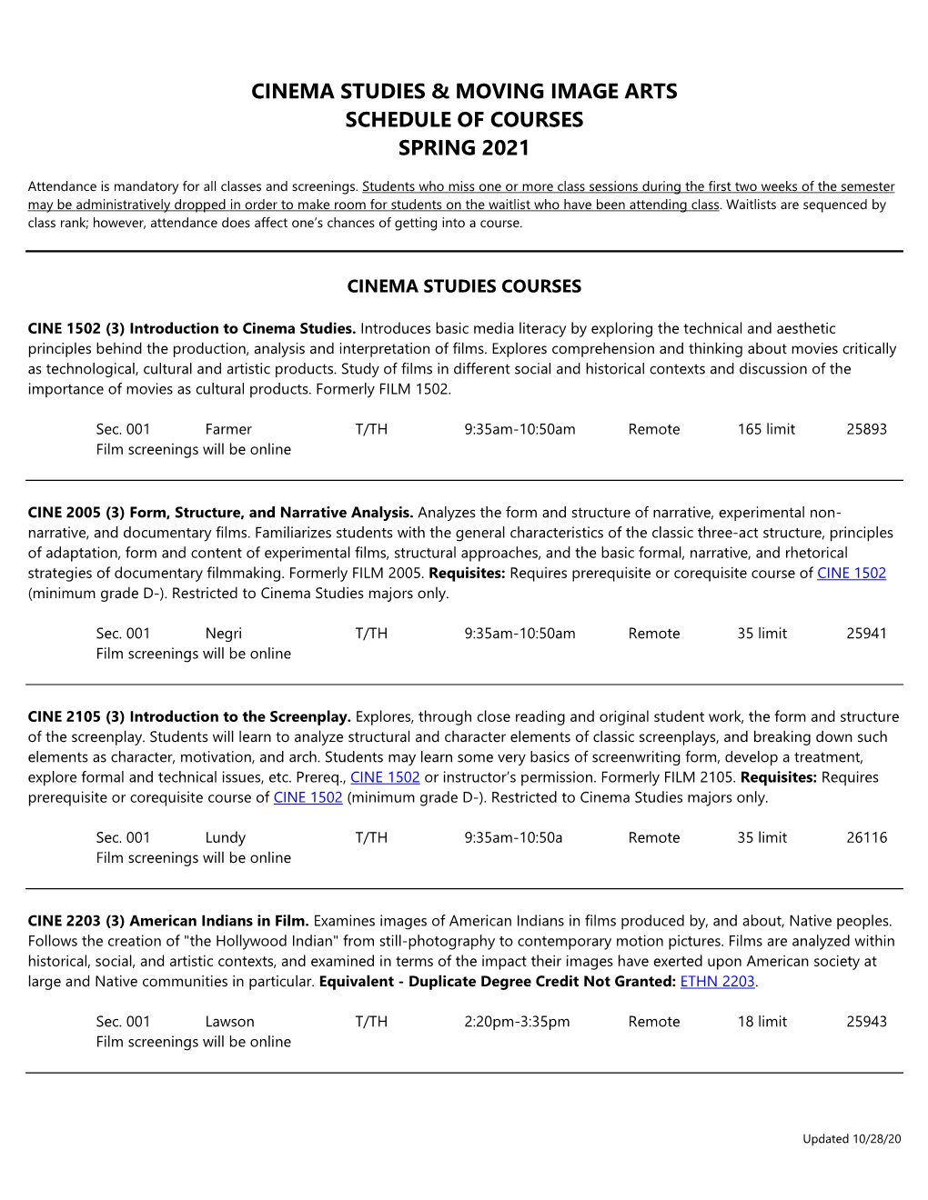 Cinema Studies & Moving Image Arts Schedule of Courses