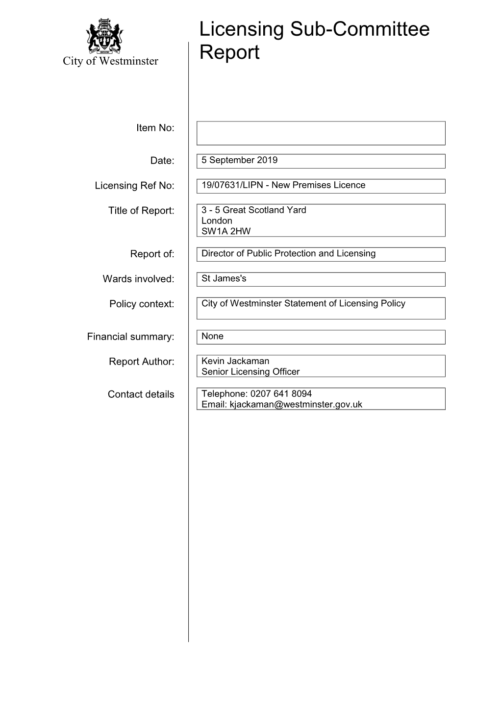 Licensing Sub-Committee Report