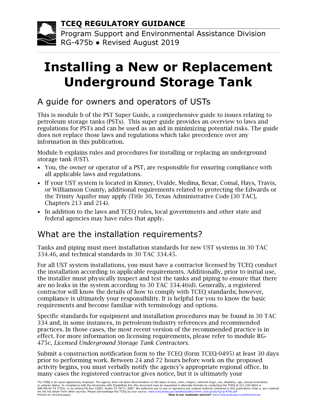 Installing a New Or Replacement Underground Storage Tank RG-475B