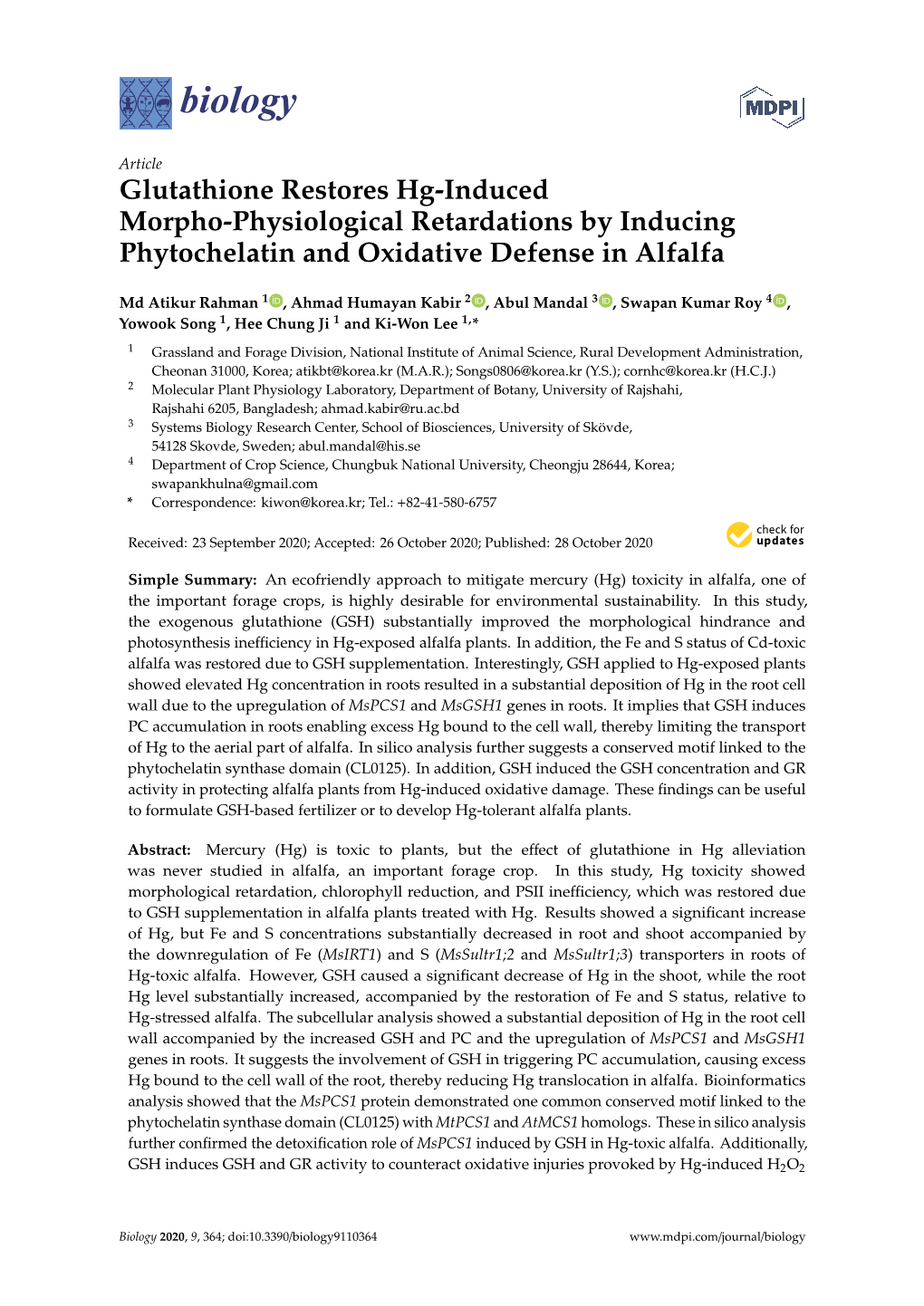Glutathione Restores Hg-Induced Morpho-Physiological Retardations by Inducing Phytochelatin and Oxidative Defense in Alfalfa