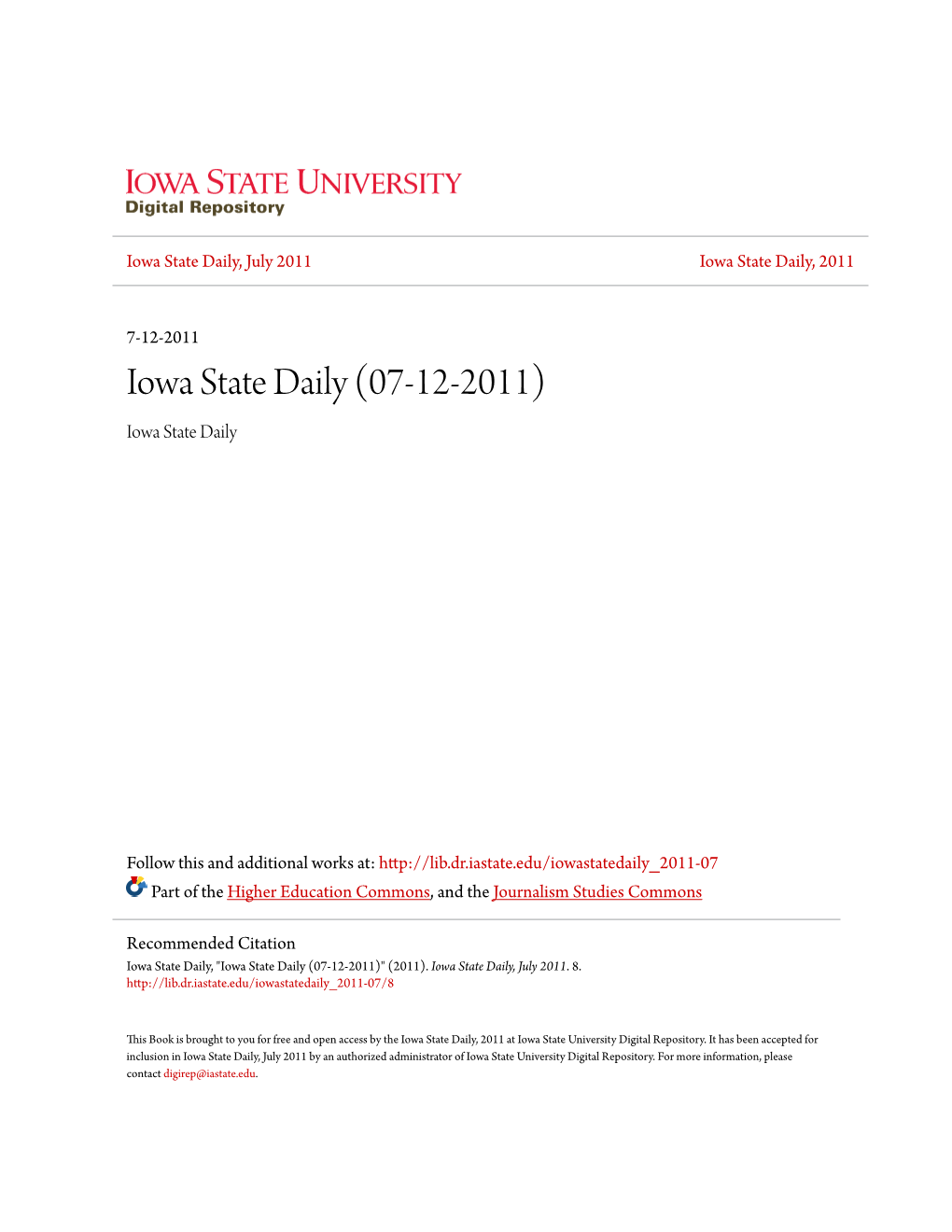 Iowa State Daily, July 2011 Iowa State Daily, 2011