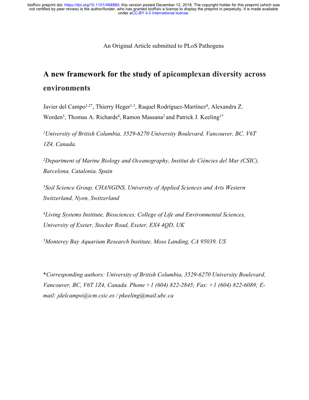 A New Framework for the Study of Apicomplexan Diversity Across Environments